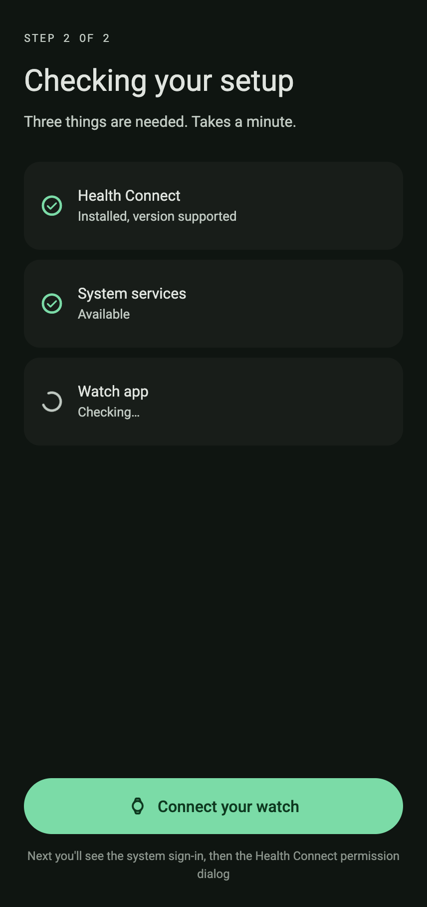 Health Bridge, setup checks screen
